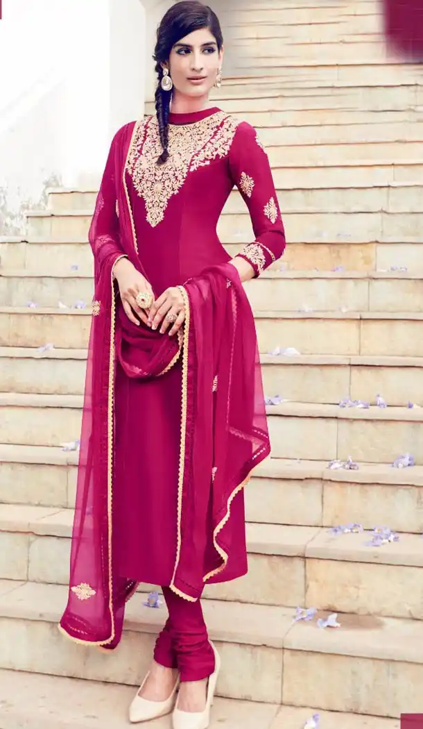 Deep Pink Color Cotton and Satin Fabric Stitched Casual Salwar Suits with Dupatta | FH443369913
