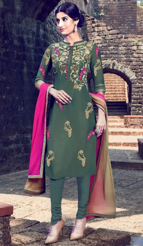 Green Color Cotton and Satin Fabric Stitched Casual Salwar Suits with Dupatta | FH443369914