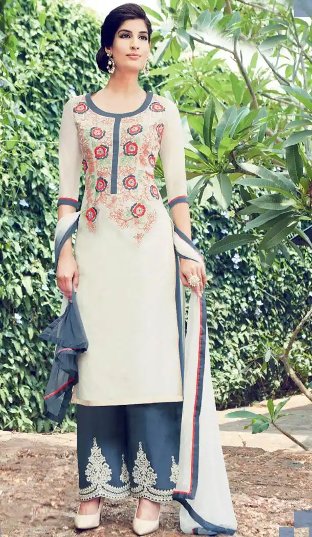 Off White Color Cotton and Satin Fabric Stitched Casual Salwar Suits with Dupatta | FH443369915
