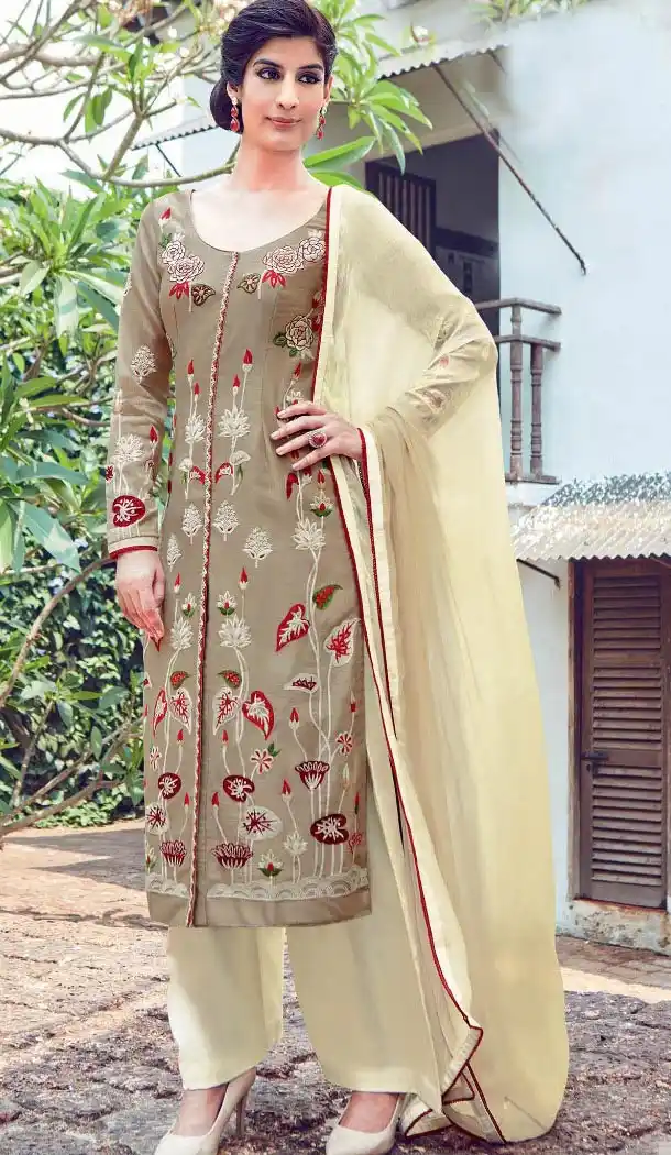 Tan Brown Color Cotton and Satin Fabric Stitched Casual Salwar Suits with Dupatta | FH443369917