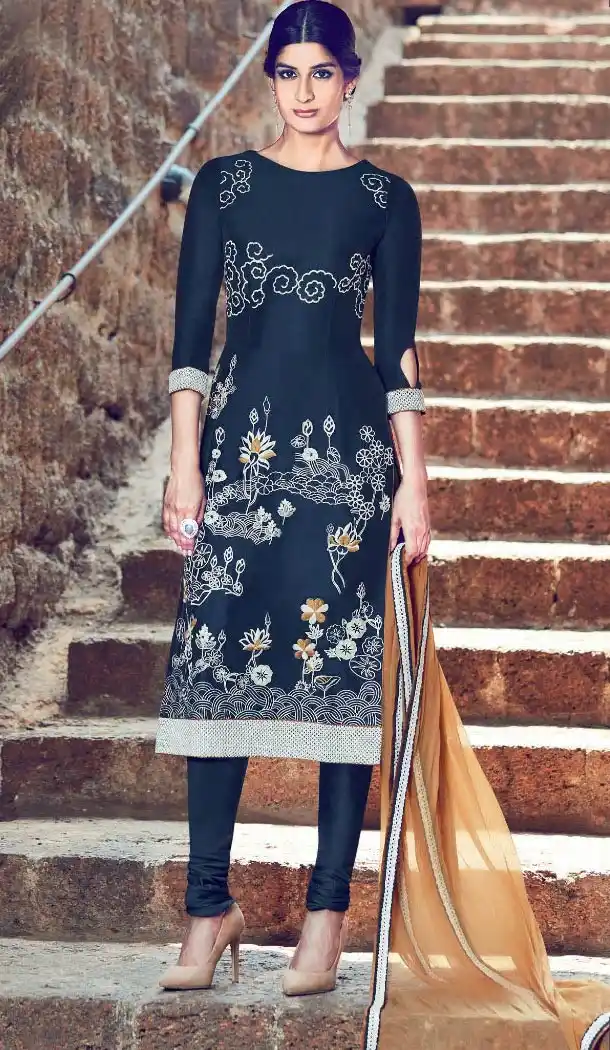 Navy Blue Color Cotton and Satin Fabric Stitched Casual Salwar Suits with Dupatta | FH443369918