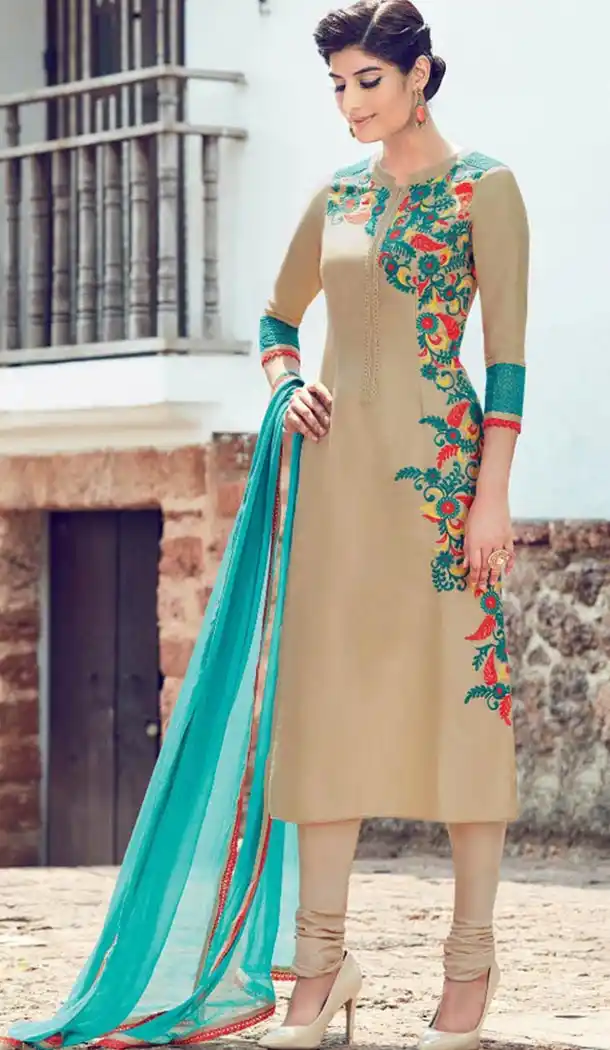 Tan Brown Color Cotton and Satin Fabric Stitched Casual Salwar Suits with Dupatta | FH443369918