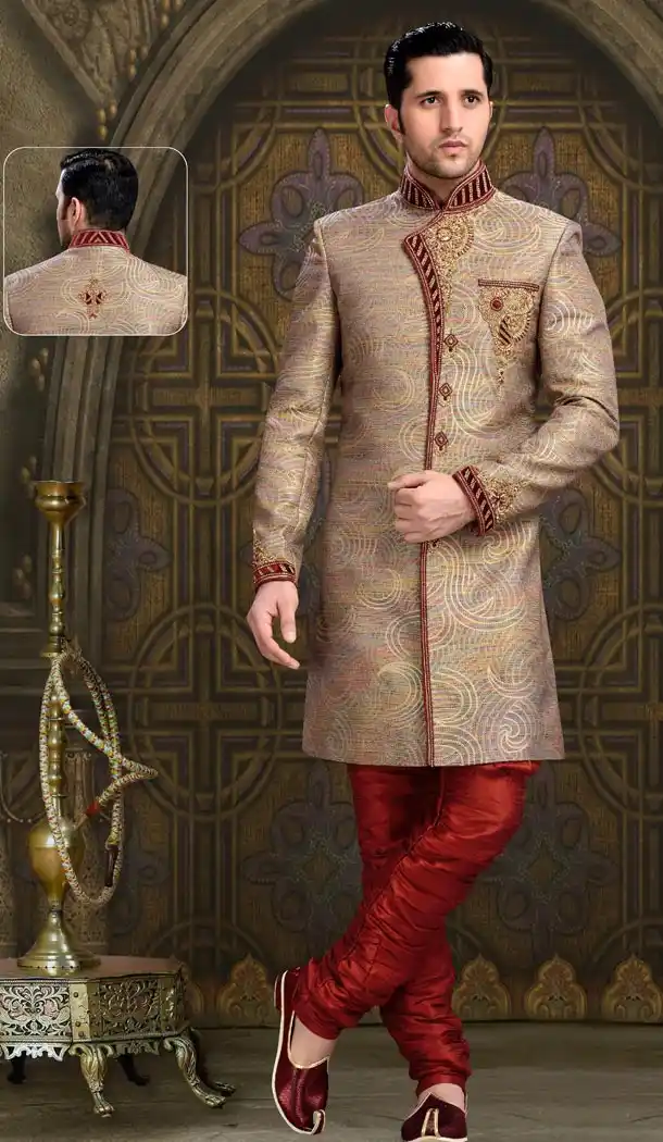 Tan Brown Color Jacquard Men Ethnic Wear Indo Western Style Readymade Sherwani | FH443869973
