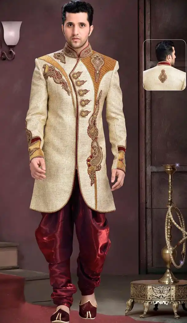 Beige Color Jute Fabric Mens Ethnic Sherwani for Wedding and Ceremony | FH443869976