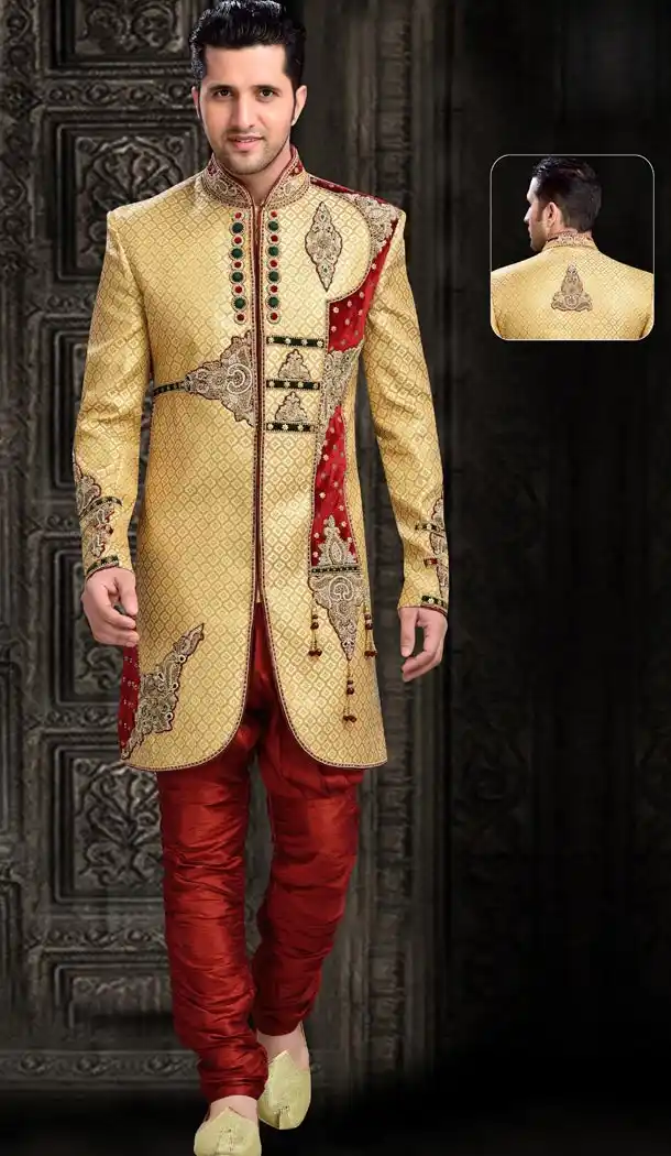 Dark Cream Color Jacquard Fabric Mens Ethnic Sherwani for Wedding and Ceremony | FH443869977