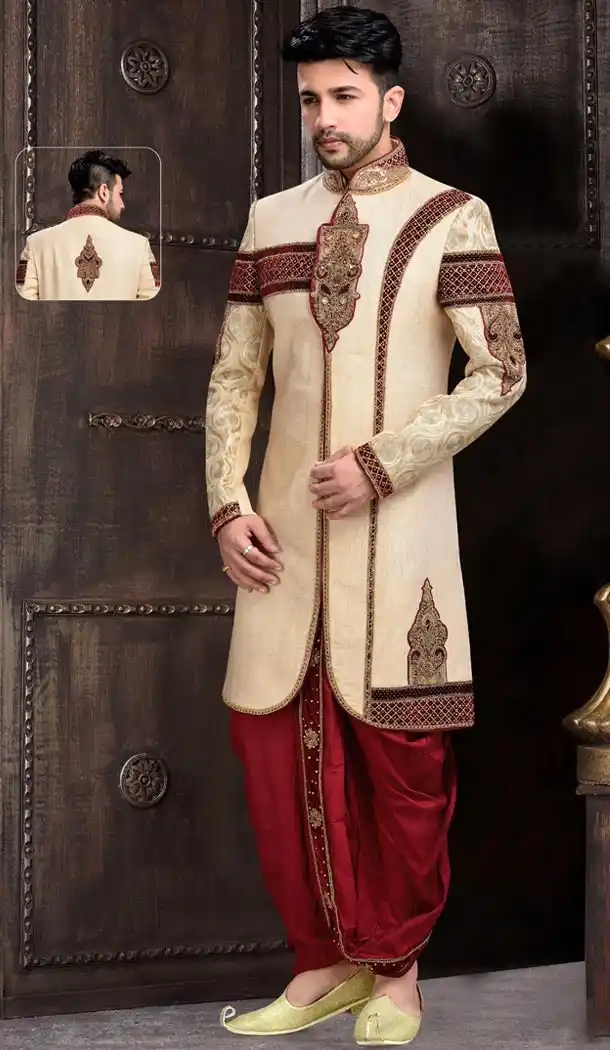 Cream Color Jute Fabric Mens Ethnic Sherwani for Wedding and Ceremony | FH443869982