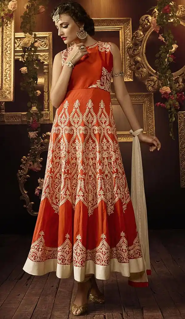 Latest Style Long Designer Wear Stitched Salwar Suits in Silk and Orange Color with Dupatta | FH444069986