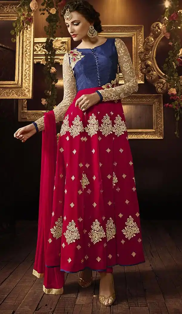 Latest Style Long Designer Wear Stitched Salwar Suits in Pure Silk and Navy Blue Color with Dupatta | FH444069990