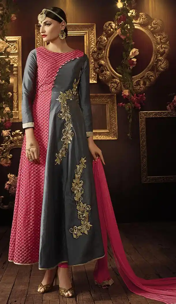Latest Style Long Designer Wear Stitched Salwar Suits in Pure Silk and Slate Gray Color with Dupatta | FH444069991