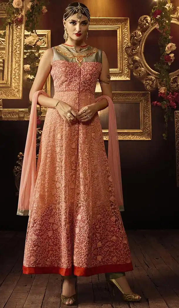 Latest Style Long Designer Wear Stitched Salwar Suits in Net and Apricot Color with Dupatta | FH444069992