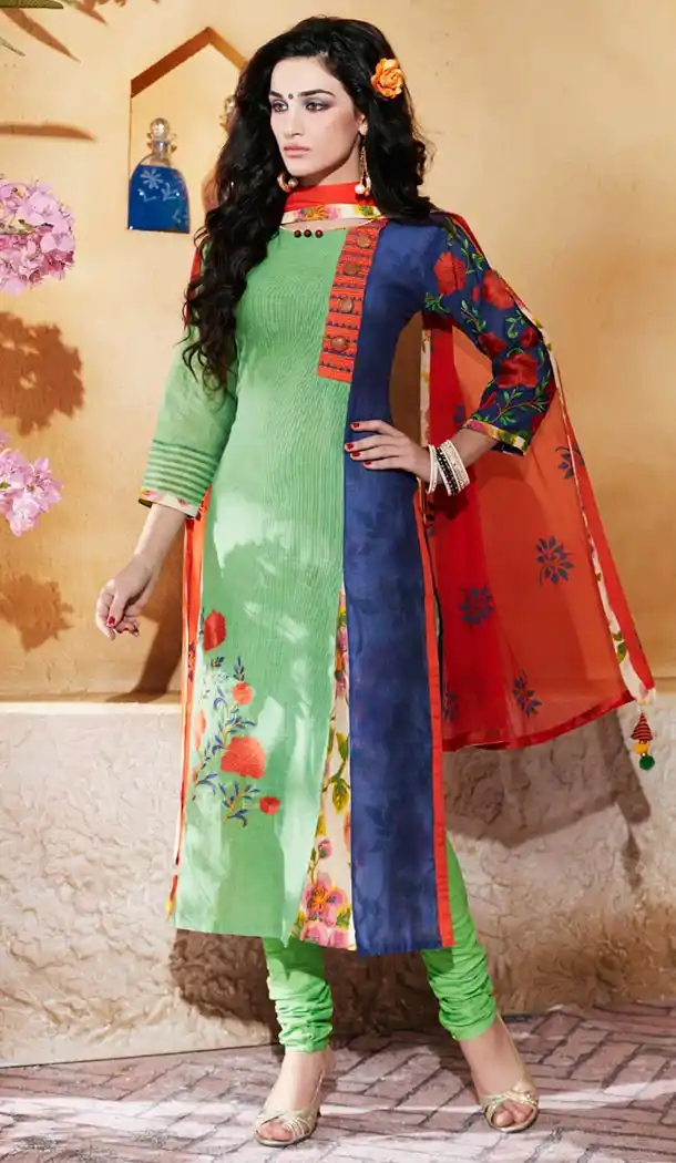 Ladies Readymade Ethinic Formal Churidar Suits in Kora Silk and Parrot Green with Dupatta | FH444170002