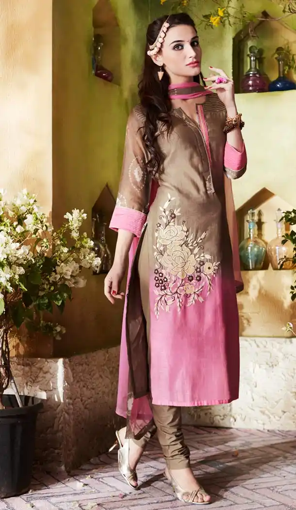Ladies Readymade Ethinic Formal Churidar Suits in Kora Silk and Tan Brown with Dupatta | FH444170003
