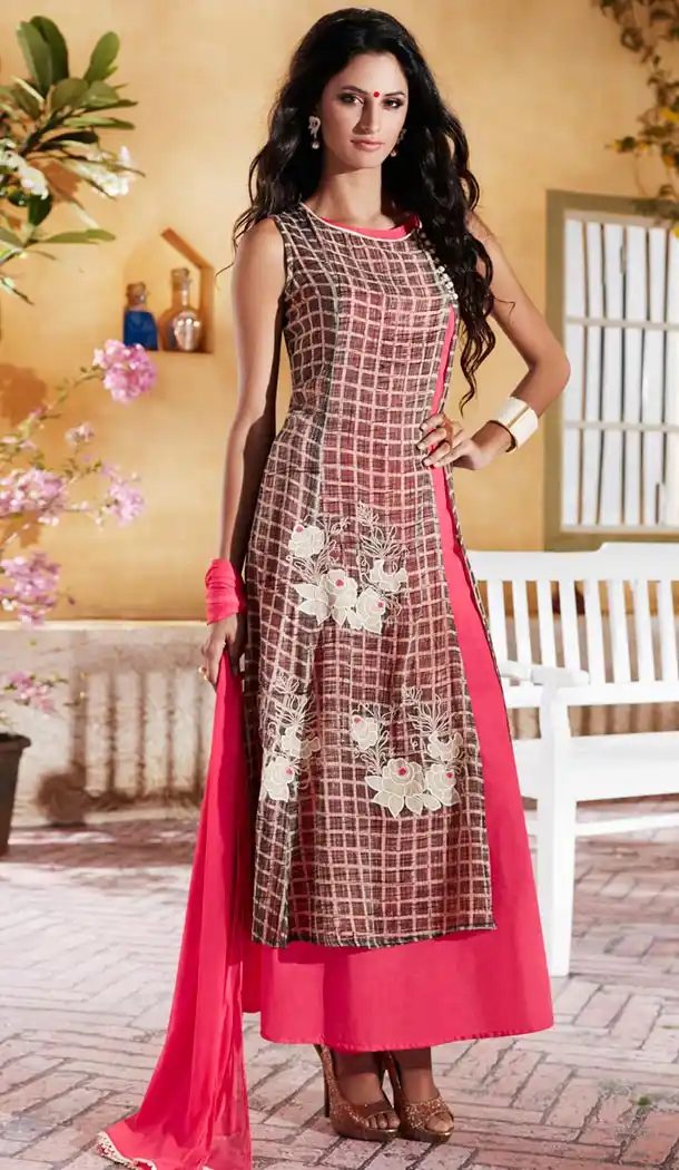 Ladies Readymade Ethinic Formal Churidar Suits in Kora Silk and Pink with Dupatta | FH444170004
