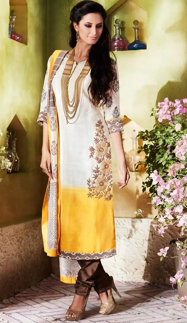 Ladies Readymade Ethinic Formal Churidar Suits in Kora Silk and Off White with Dupatta | FH444170005