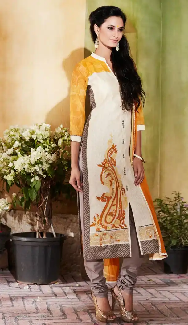 Ladies Readymade Ethinic Formal Churidar Suits in Cotton and Off White with Dupatta | FH444170006