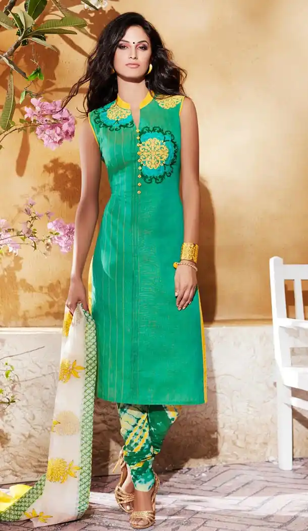 Ladies Readymade Ethinic Formal Churidar Suits in Cotton and Emerald with Dupatta | FH444170007