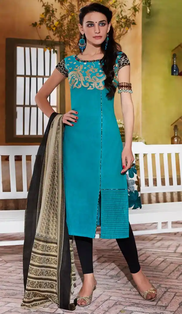 Ladies Readymade Ethinic Formal Churidar Suits in Cotton and Aqua Blue with Dupatta | FH444170008