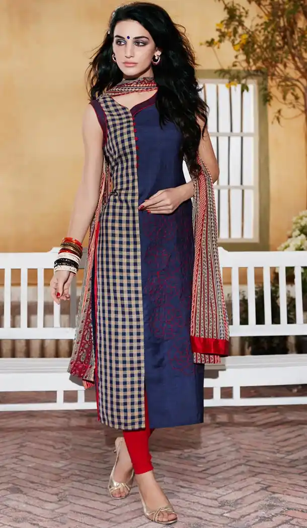 Ladies Readymade Ethinic Formal Churidar Suits in Cotton and Navy Blue with Dupatta | FH444170011