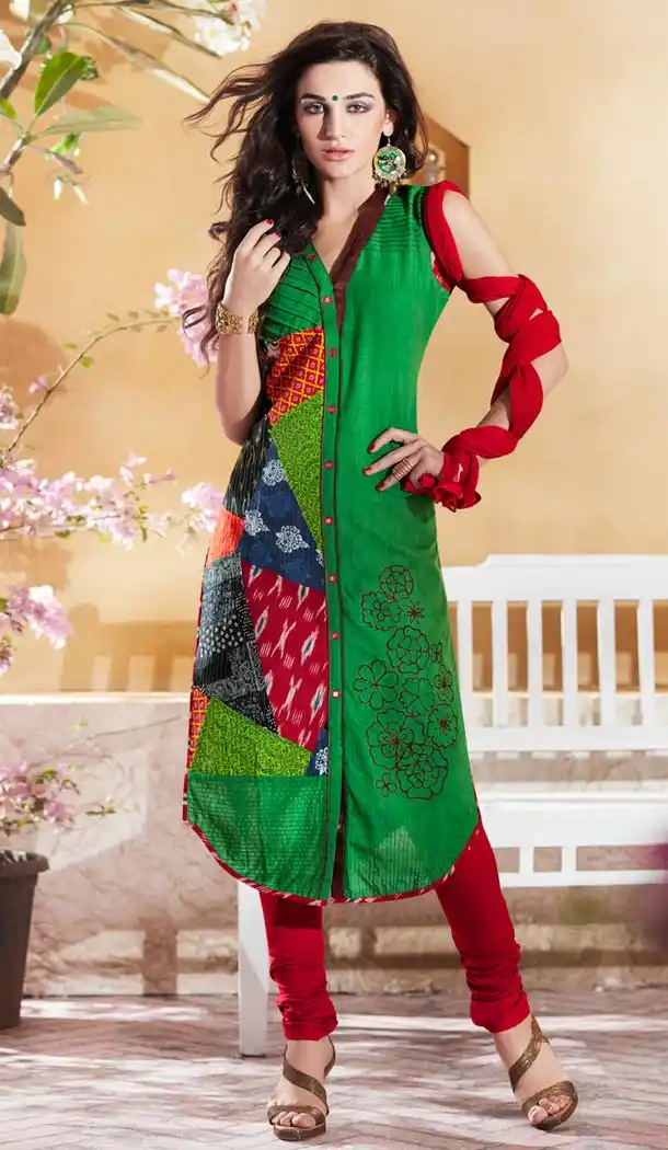 Ladies Readymade Ethinic Formal Churidar Suits in Cotton and Parrot Green with Dupatta | FH444170012