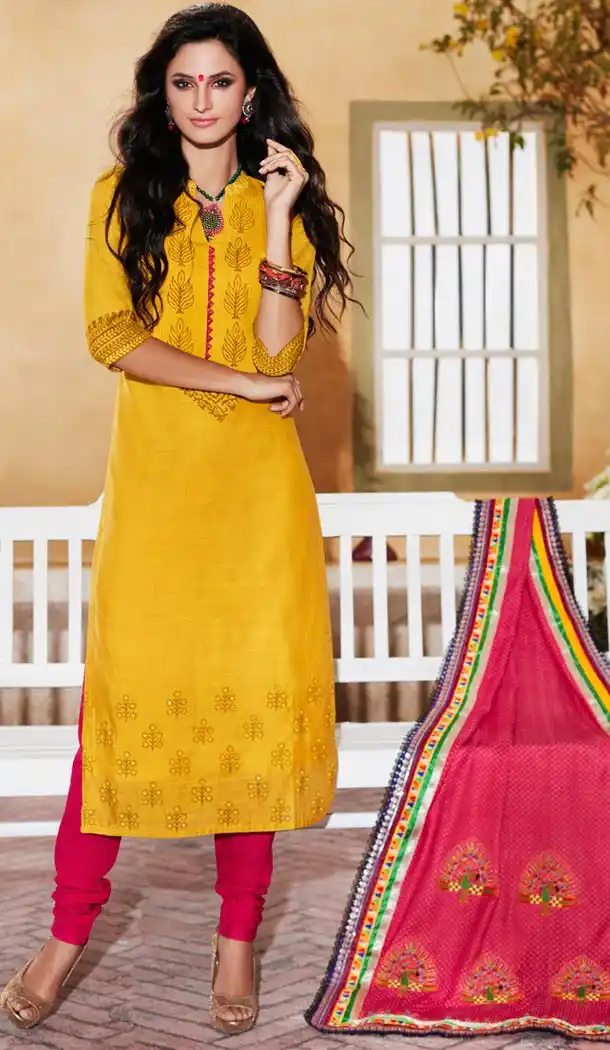 Ladies Readymade Ethinic Formal Churidar Suits in Kora Silk and Yellow with Dupatta | FH444170013