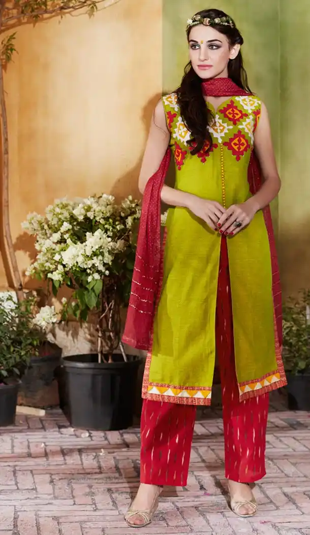 Ladies Readymade Ethinic Formal Churidar Suits in Cotton and Mehendi Green with Dupatta | FH444170014