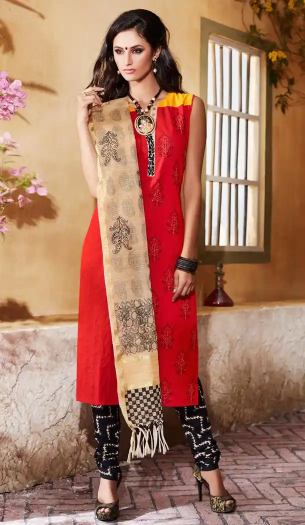 Ladies Readymade Ethinic Formal Churidar Suits in Cotton and Red with Dupatta | FH444170015