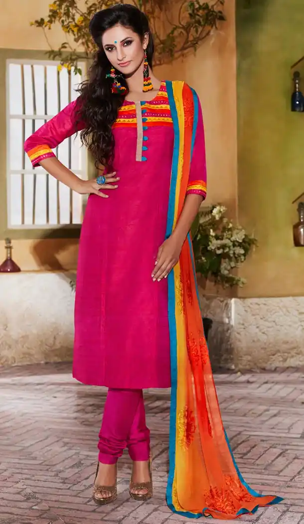 Ladies Readymade Ethinic Formal Churidar Suits in Raw Silk and Deep Pink with Dupatta | FH444170016