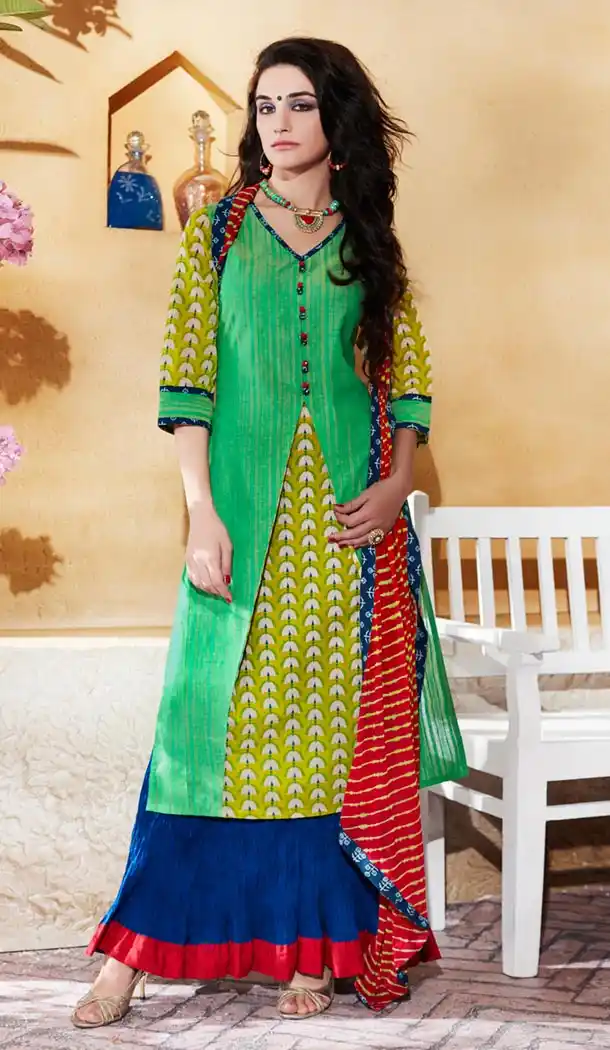 Ladies Readymade Ethinic Formal Churidar Suits in Khadi and Aloe Vera Green with Dupatta | FH444170017