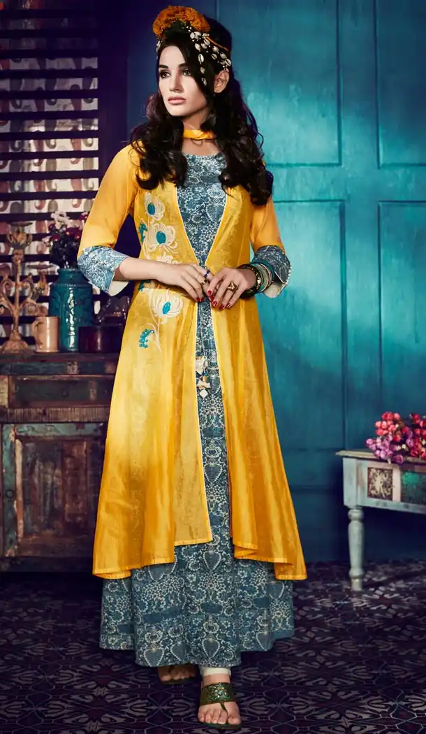 Ladies Readymade Ethinic Formal Churidar Suits in Kora Silk and Yellow with Dupatta | FH444270021