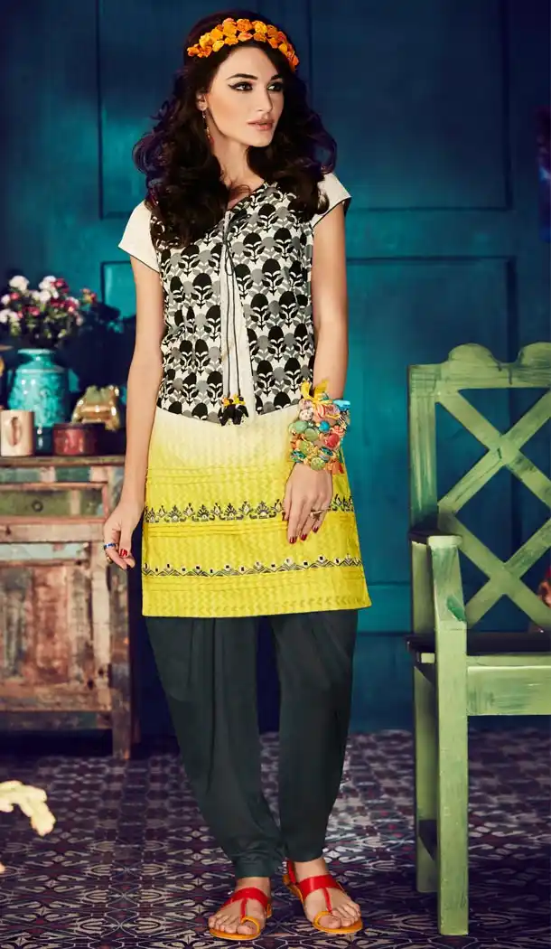 Ladies Readymade Ethinic Formal Churidar Suits in Jacquard and Yellow with Dupatta | FH444270022