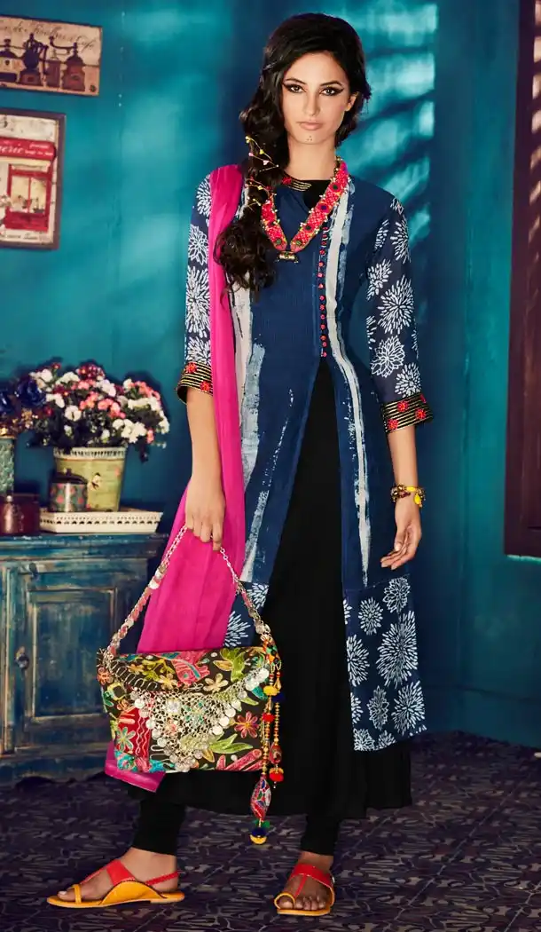 Ladies Readymade Ethinic Formal Churidar Suits in Kora Silk and Navy Blue with Dupatta | FH444270023