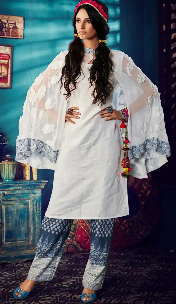 Ladies Readymade Ethinic Formal Churidar Suits in Chiffon and Off White with Dupatta | FH444270024