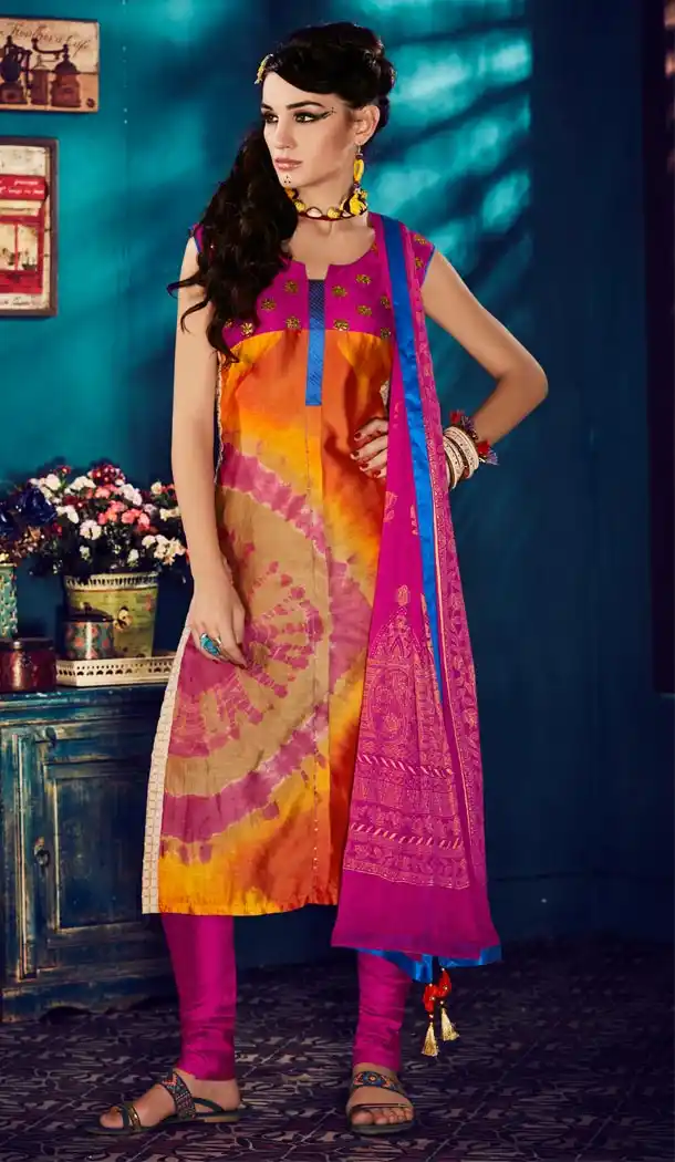 Ladies Readymade Ethinic Formal Churidar Suits in Kora Silk and Deep Orange with Dupatta | FH444270025