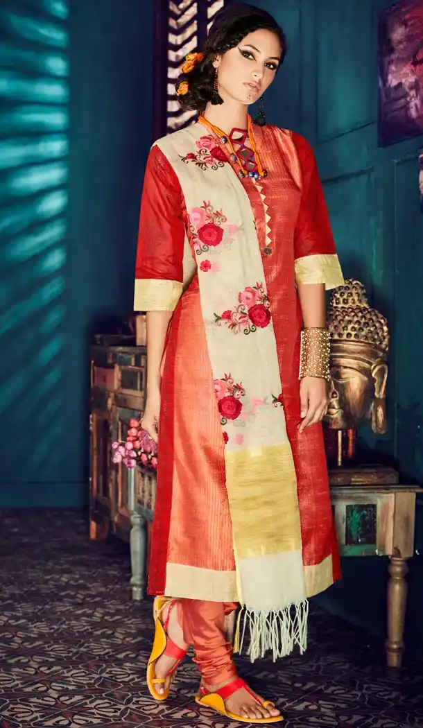 Ladies Readymade Ethinic Formal Churidar Suits in Raw Silk and Coral with Dupatta | FH444270026