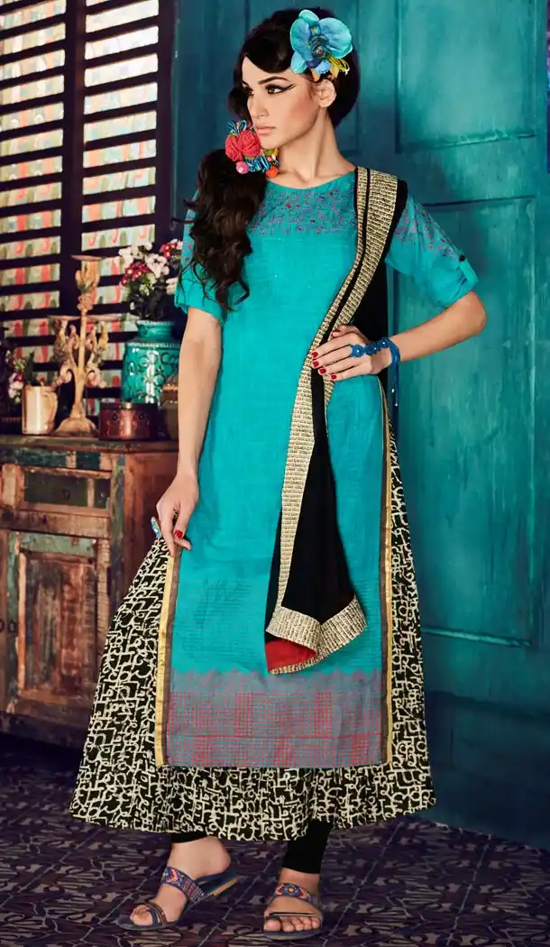 Ladies Readymade Ethinic Formal Churidar Suits in Cotton and Aqua Blue with Dupatta | FH444270027