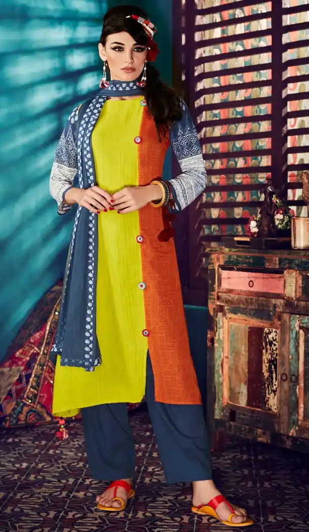 Ladies Readymade Ethinic Formal Churidar Suits in Silk and Parrot Green with Dupatta | FH444270030