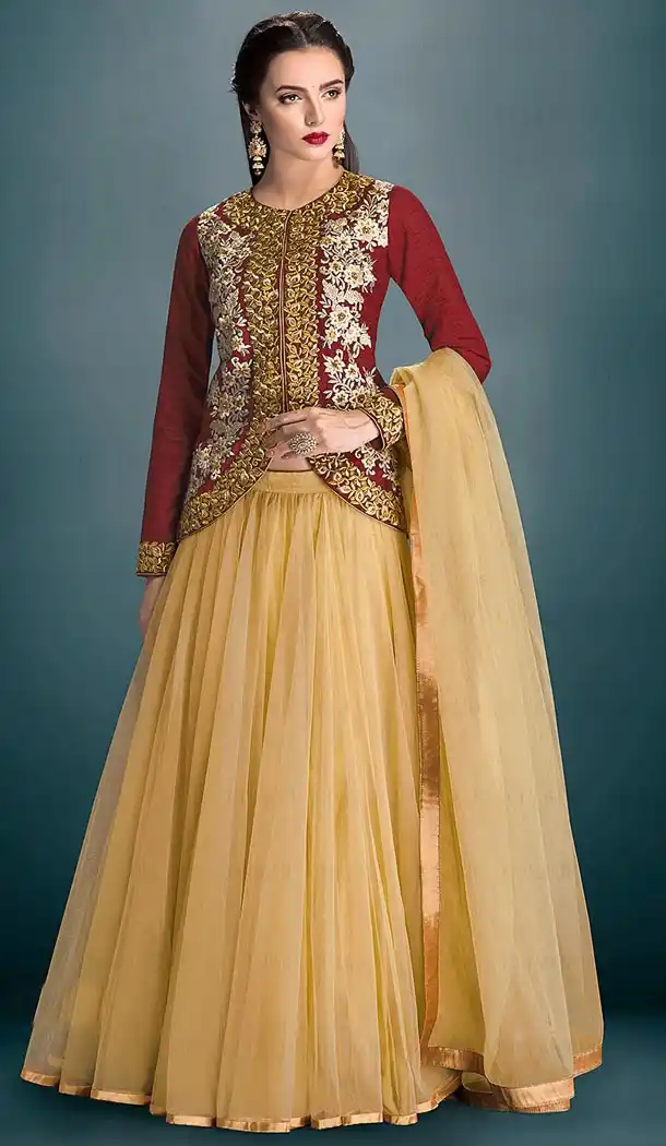 Tan Brown Color Net Fabric Plain Lehenga Choli with Dupatta | FH444370033