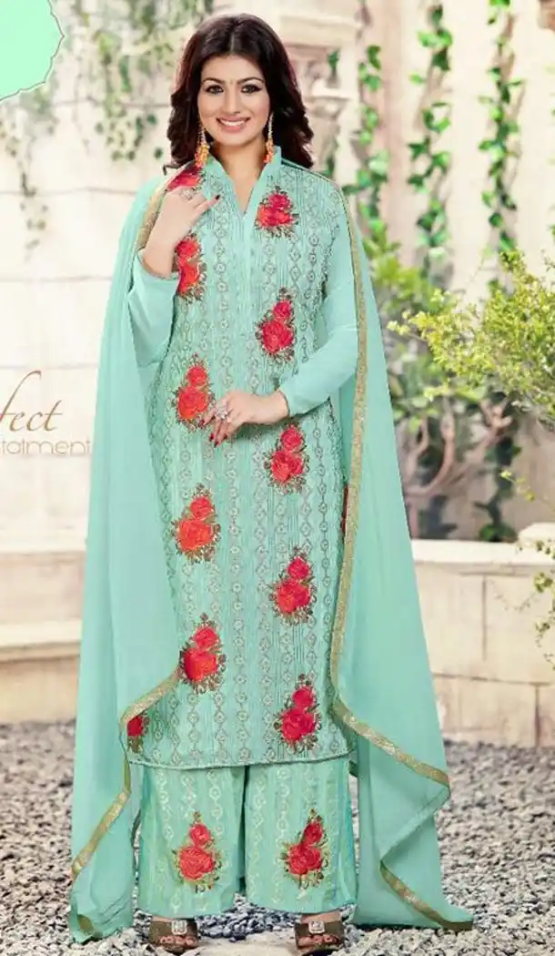 Actress Ayesha Takia Salwar Suit in Georgette and Turquoise Color With Dupatta | FH444470041