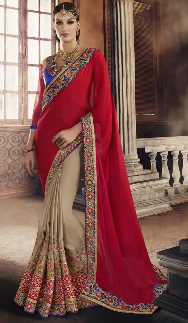Women Party Wear Sarees in Georgette and Tan Brown with Stitched Blouse | FH444570045
