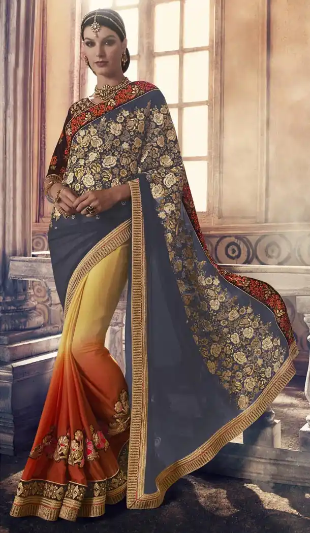 Women Party Wear Sarees in Georgette and Slate Gray with Stitched Blouse | FH444570052