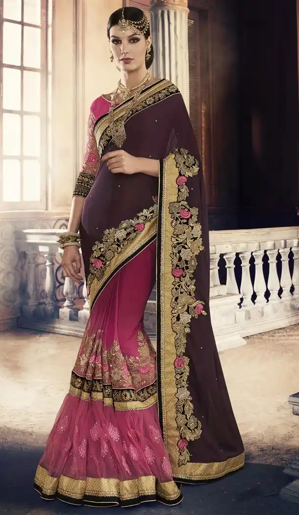Women Party Wear Sarees in Georgette and Magenta with Stitched Blouse | FH444570054