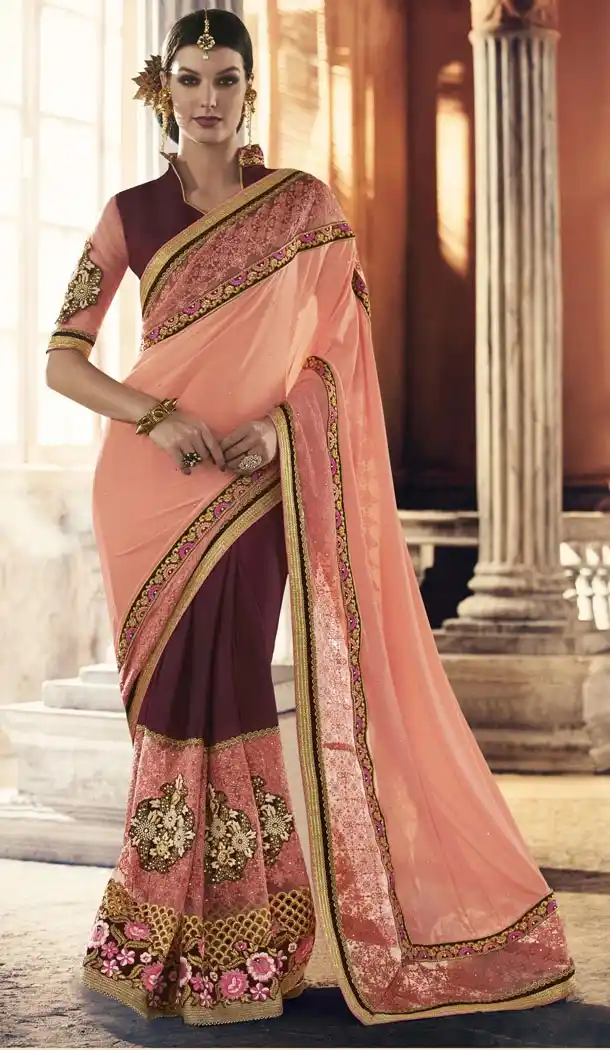 Women Party Wear Sarees in Georgette and Apricot with Stitched Blouse | FH444570055