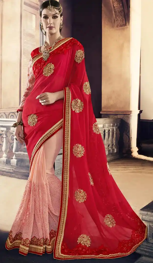 Women Party Wear Sarees in Georgette and Deep Scarlet with Stitched Blouse | FH444570057