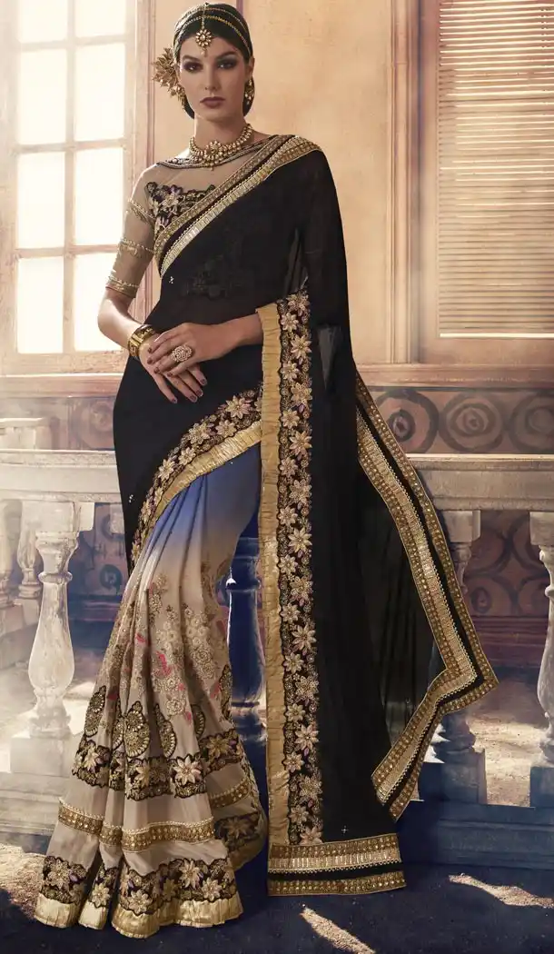 Women Party Wear Sarees in Georgette and Black with Stitched Blouse | FH444570059
