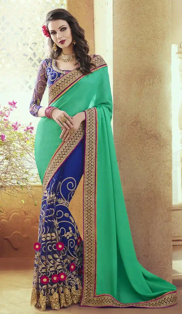 Ladies Party Wear Saris in Georgette and Royal Blue with Stitched Blouse | FH444670060
