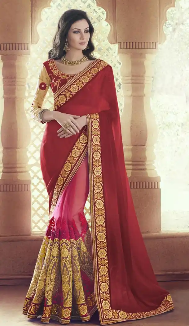 Ladies Party Wear Saris in Chiffon and Maroon with Stitched Blouse | FH444670061