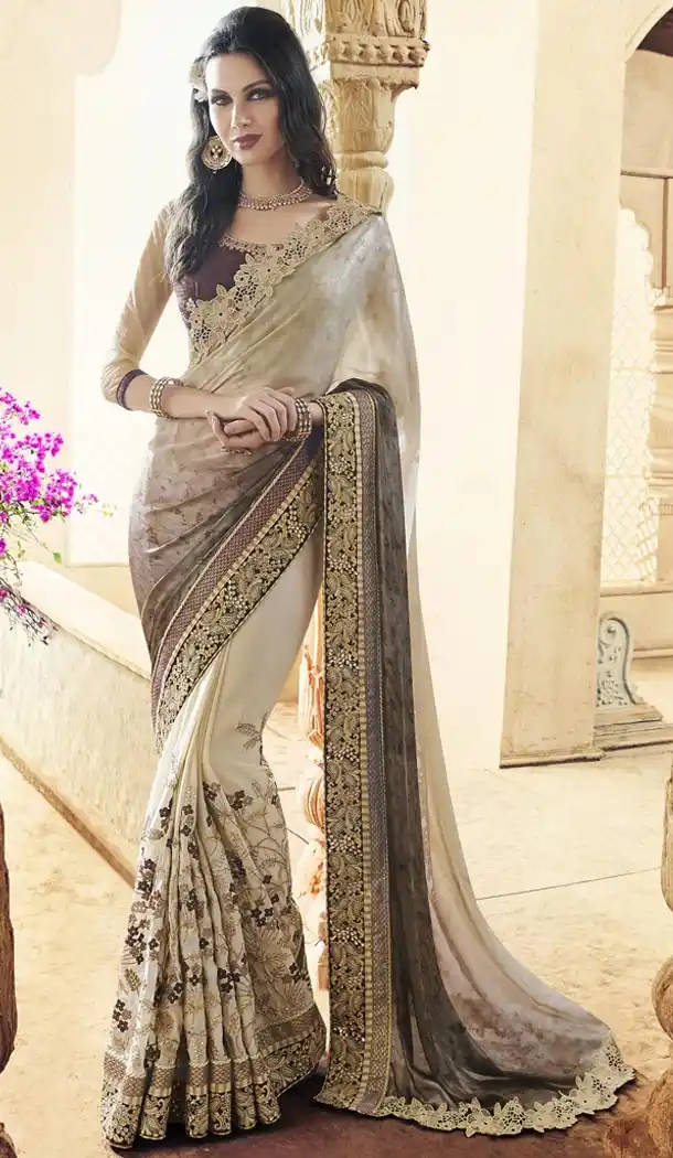 Ladies Party Wear Saris in Georgette and Beige with Stitched Blouse | FH444670062