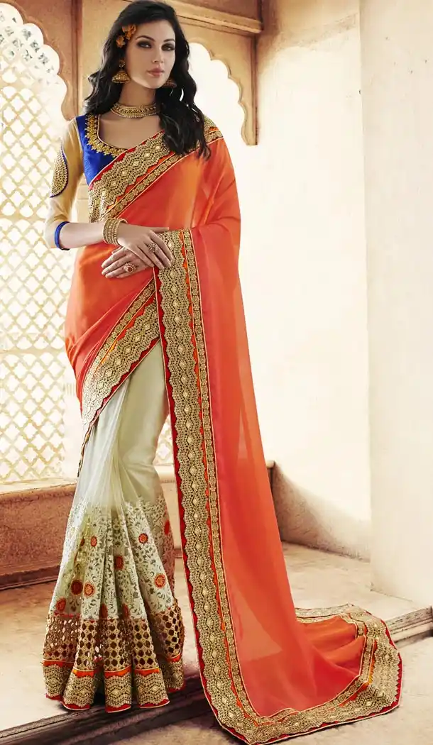 Ladies Party Wear Saris in Georgette and Orange with Stitched Blouse | FH444670063