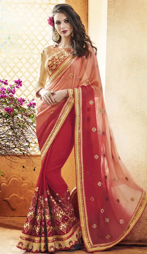 Ladies Party Wear Saris in Georgette and Crimson with Stitched Blouse | FH444670064