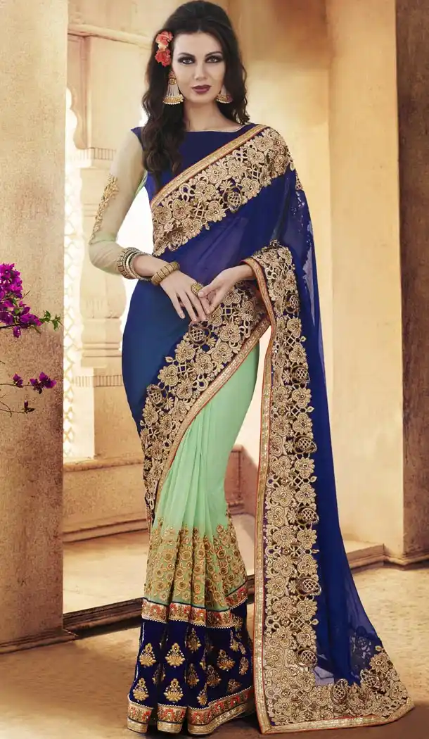 Ladies Party Wear Saris in Georgette and Navy Blue with Stitched Blouse | FH444670065